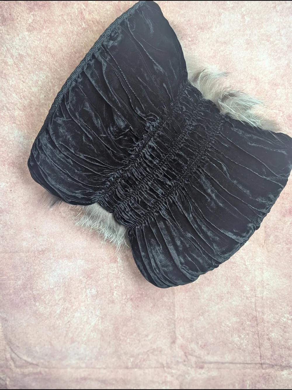Vintage Black Velvet Fur Hand Muff Purse Wristlet 1940s 1950s Evening Bag